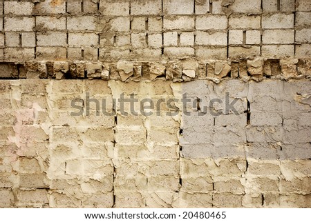 Interior side of a cement brick wall after building demolition