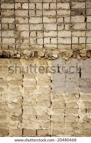 Interior side of a cement brick wall after building demolition