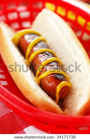 Hot Dog in bun with mustard in plastic basket on picnic table