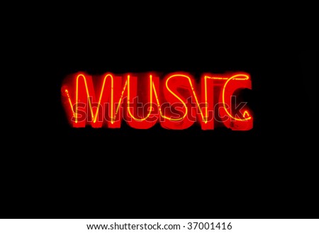 Red music neon sign isolated on black background