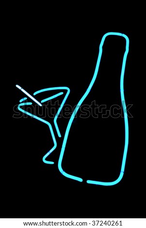 Blue liquor bottle with martini glass neon sign isolated on black background