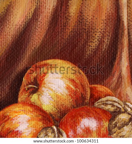 Picture, apples and nuts on background of red cloth. Hand draw painting, oil paints on a canvas.