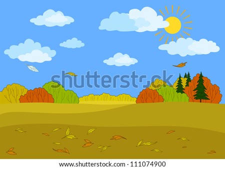 Autumn landscape: sunny blue sky with white clouds, forest and the falling leaves