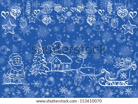 Christmas blue background with white contour cartoon Santa Claus and holiday decorations. Vector