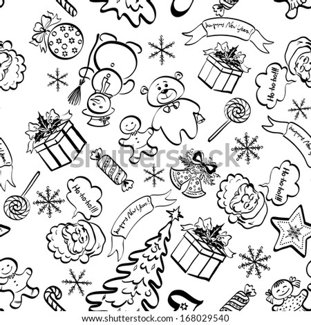 Christmas cartoon seamless pattern for holiday design, black contours on white background. Vector