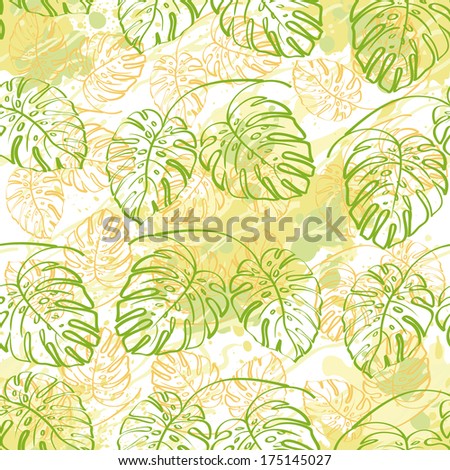 Seamless exotic background, contour monstera plants leaves and abstract pattern.