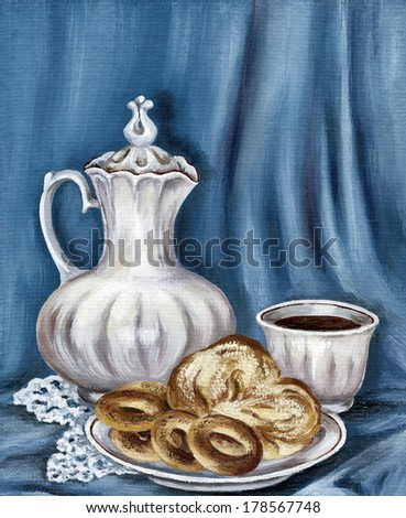 Painting, picture oil paints on a canvas, still life: white porcelain jug, bun and cup of coffee