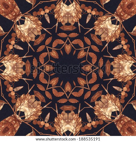 Abstract artistic background, seamless handmade floral ornament, intarsia from the back side of a birch bark on black fabric