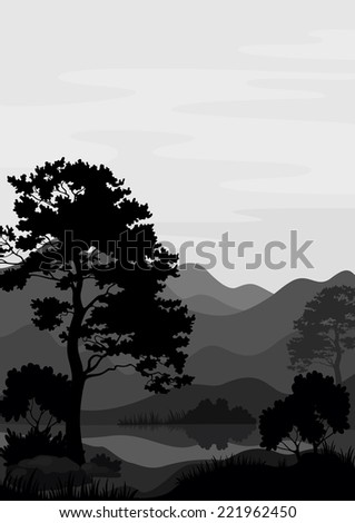 Mountain landscape with pine tree and lake, grey and black silhouettes.