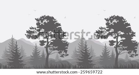 Seamless, mountain landscape with pines, conifer trees, birds and grass, gray silhouettes.