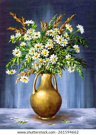 Picture Oil Painting on a Canvas, a Bouquet of Camomiles in a Clay Vase