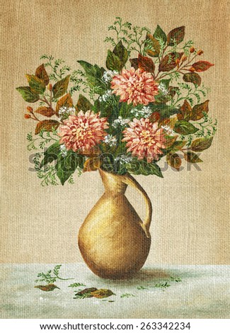 Picture Oil Painting on a Canvas, a Bouquet of Dahlias in a Clay Vase