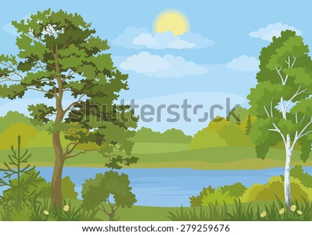 Landscape with Pine, Fir and Birch Trees, Grass and Flowers on the Shore of a Lake under a Blue Cloudy Sky with Sun. Vector
