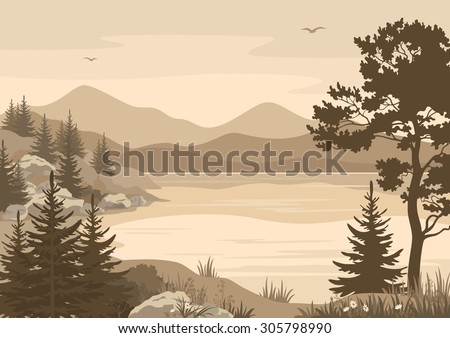 Landscape, Lake, Mountains with Trees, Flowers and Grass, Birds in the Sky Silhouettes. Vector