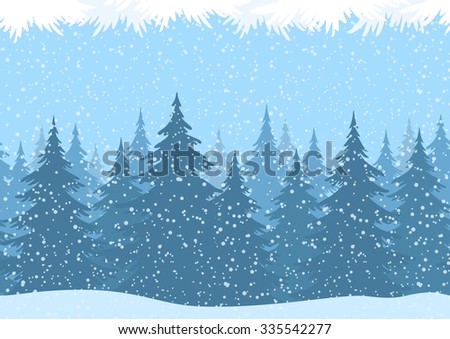 Seamless Horizontal Christmas Winter Forest Landscape with Snow and Fir Trees and Branch Silhouettes. Vector