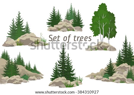 Set Landscapes, Isolated on White Background Coniferous and Deciduous Trees, Flowers and Grass on the Rocks. Vector