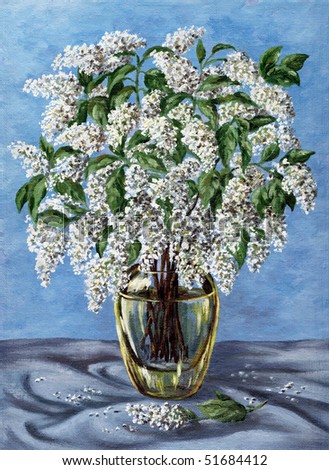 flowers, picture oil paints on a canvas: a bouquet of bird cherry in a glass vase