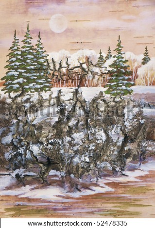 Picture, winter natural landscape, fur-trees on a rock. Handmade, drawing distemper on a birch bark