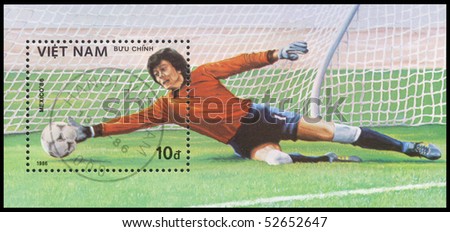 VIETNAM - CIRCA 1986: A stamp printed by Vietnam shows episode of a match of the World championship on football in Mexico, circa 1986