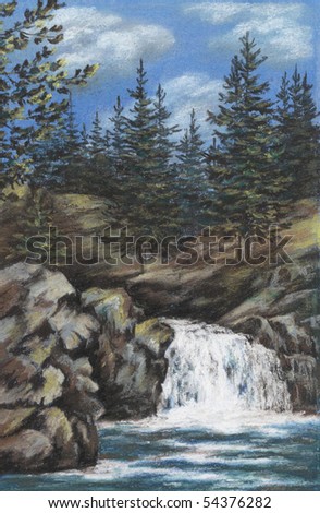 Picture, Russia, mountain Altay river with falls, drawing a pastel on a cardboard