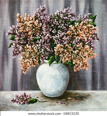 Picture oil paints on a canvas: a bouquet of lilac in a white pot