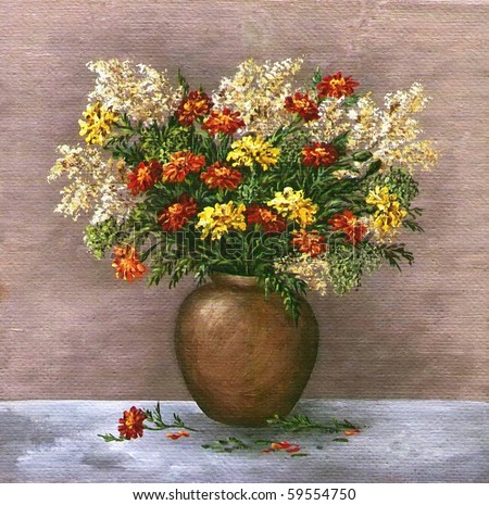 Picture oil paints on a canvas: a bouquet of marigold and a saffron in a clay pot