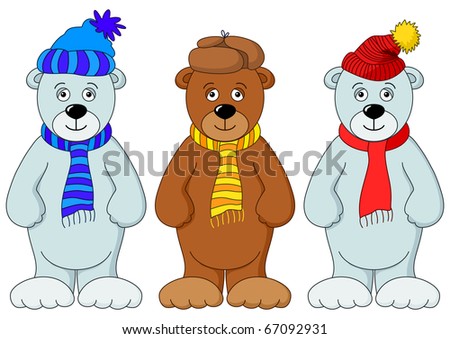 stock vector Teddy bears in winter cap and scarf friends set