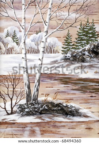 Winter natural landscape. Handmade, drawing distemper on a birch bark