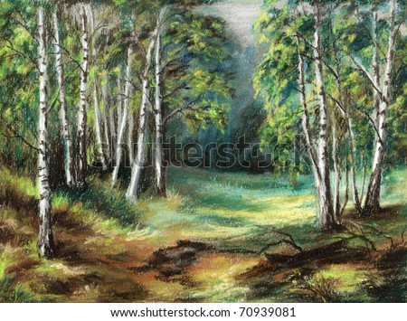 Picture, Russian Siberian natural wood landscape, drawing a pastel on a cardboard