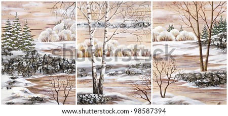 Pictures, set winter natural landscapes. Hand draw, distemper on a birch bark