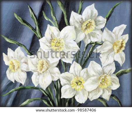Picture, still-life, flowers narcissus bouquet. Hand draw oil paints on a canvas