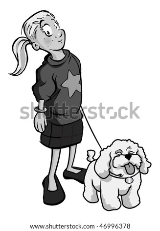 stock vector : cartoon vector gray scale illustration girl walking dog