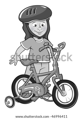 stock vector : cartoon vector gray scale illustration toddler girl bike