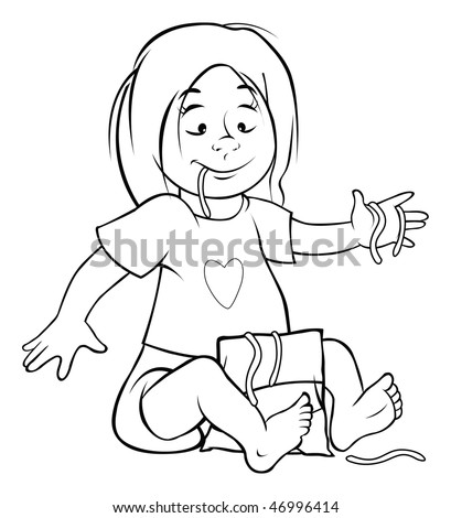 stock vector : cartoon vector outline illustration toddler girl eating candy