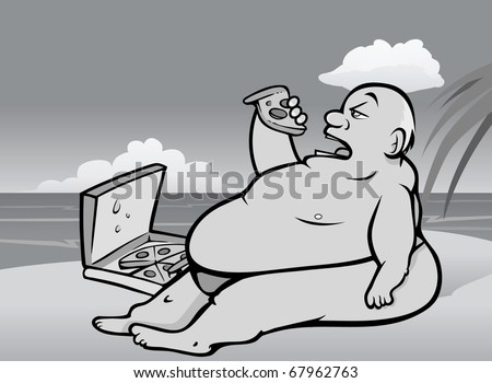 fat man cartoon. of a fat man eating pizza