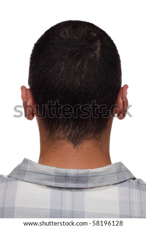 Back of man's head and neck, branded with engraved letters like on leather product, cloning concept