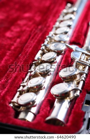 Flute, musical instrument in velvet padded case