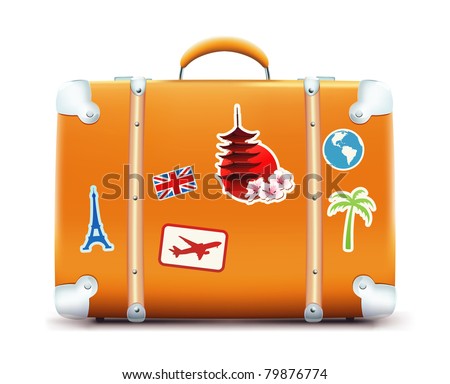 Vector illustration of vintage suitcase with funky stickers isolated on white background Vector illustration of vintage suitcase with funky stickers isolated on white background