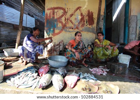 HAVELOCK ISLAND - FEB 13: Local vendors sells fishes in a fish market on February 13, 2012 in Havelock Island,Andamans, India. Andaman Islands boast of having the largest varieties of fishes in India