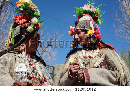 LEH, INDIA - SEPT 01 : People in groups participate in the cultural procession to showcase their unique and diverse cultural heritage during Ladakh Festival on September 01, 2012 in Leh, India.