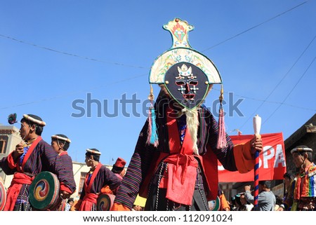 LEH, INDIA - SEPT 01 : People in groups participate in the cultural procession to showcase their unique and diverse cultural heritage during Ladakh Festival on September 01, 2012 in Leh, India.