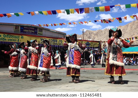 LEH, INDIA - SEPT 01 : Traditional artists perform in the cultural dance program to showcase their unique and diverse cultural heritage during Ladakh Festival on September 01, 2012 in Leh, India.