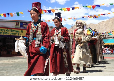 LEH, INDIA - SEPT 01 : Traditional artists perform in the cultural dance program to showcase their unique and diverse cultural heritage during Ladakh Festival on September 01, 2012 in Leh, India.
