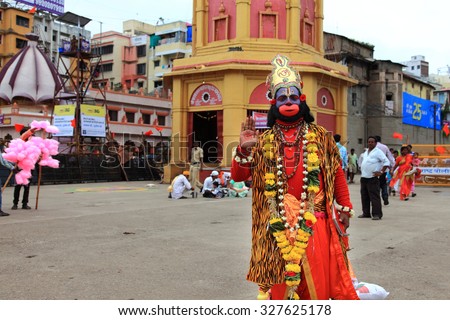 NASHIK - SEP 14:An unidentified devotee appear as the Hindu God Hanuman during the event Kumbh Mela on September 14, 2015 in Nashik, India.Kumbhmela is a Hindu religious event gathered by millions.