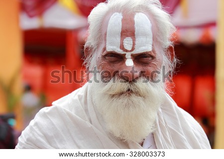NASHIK - SEP 17:An unidentified Sadhu looks as he participates in the event Maha Kumbh Mela on September 17, 2015 in Nashik, India.Kumbhmela is a Hindu religious event gathered by millions.