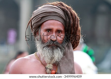 NASHIK - SEP 15:An unidentified Sadhu looks as he participates in the religious event Maha Kumbh Mela on September 15, 2015 in Nashik, India.Kumbhmela is a Hindu religious event gathered by millions