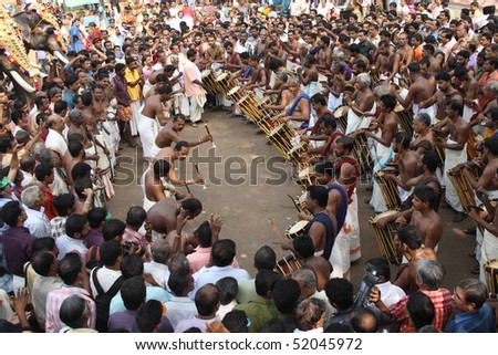 THRISSUR, INDIA - APRIL 24 : Playing of Percussion and wind instruments in Pooram Festival April 24, 2010 in Thrissur, Kerala, India.