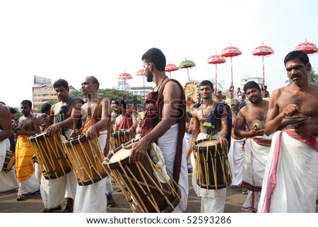 THRISSUR, INDIA - APRIL 24 : Playing of Percussion instruments in Thrissur Pooram Festival April 24, 2010 in Thrissur, Kerala, India.