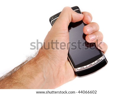 glossy black cell phone in a man\'s hand