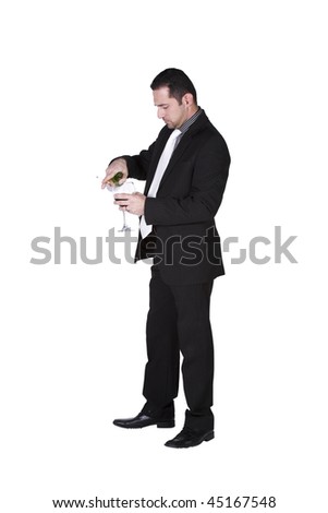 Isolated businessman celebrating by pouring more drink to himself